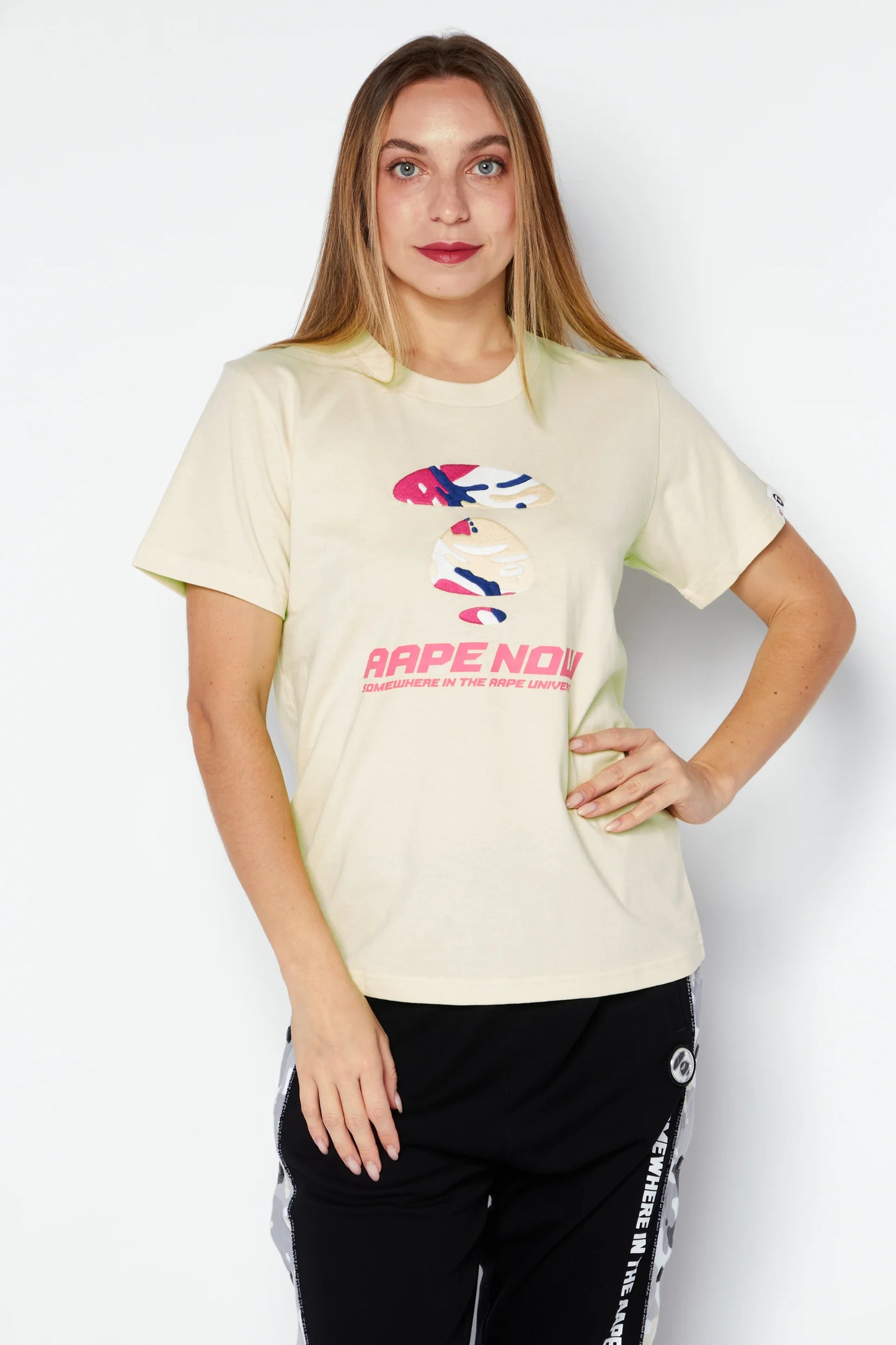 AAPE Women Crew Neck Short Sleeves Embroidered T-shirt, Lime