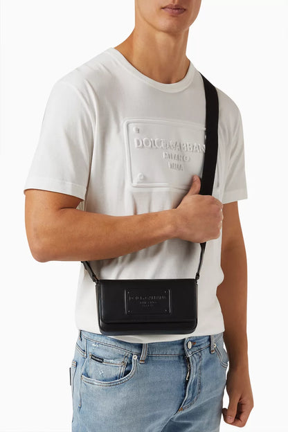 DOLCE & GABBANA Logo-embossed Crossbody Bag in Leather Black