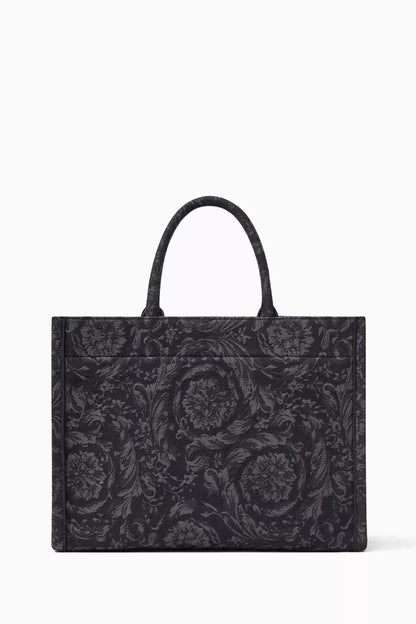 Versace Large Athena Tote Bag in Barocco Jacquard Canvas Black