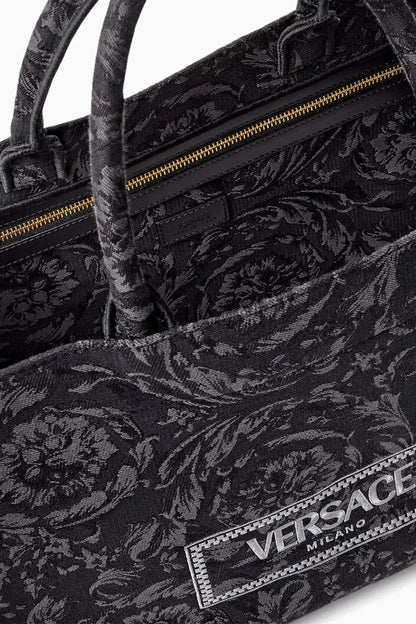 Versace Large Athena Tote Bag in Barocco Jacquard Canvas Black