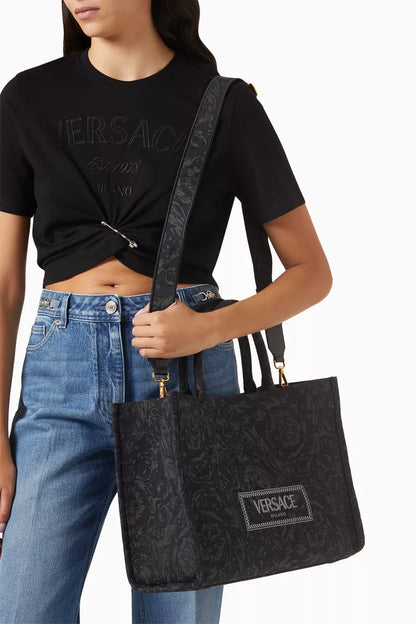 Versace Large Athena Tote Bag in Barocco Jacquard Canvas Black
