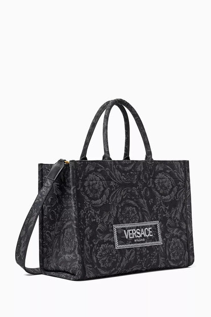 Versace Large Athena Tote Bag in Barocco Jacquard Canvas Black