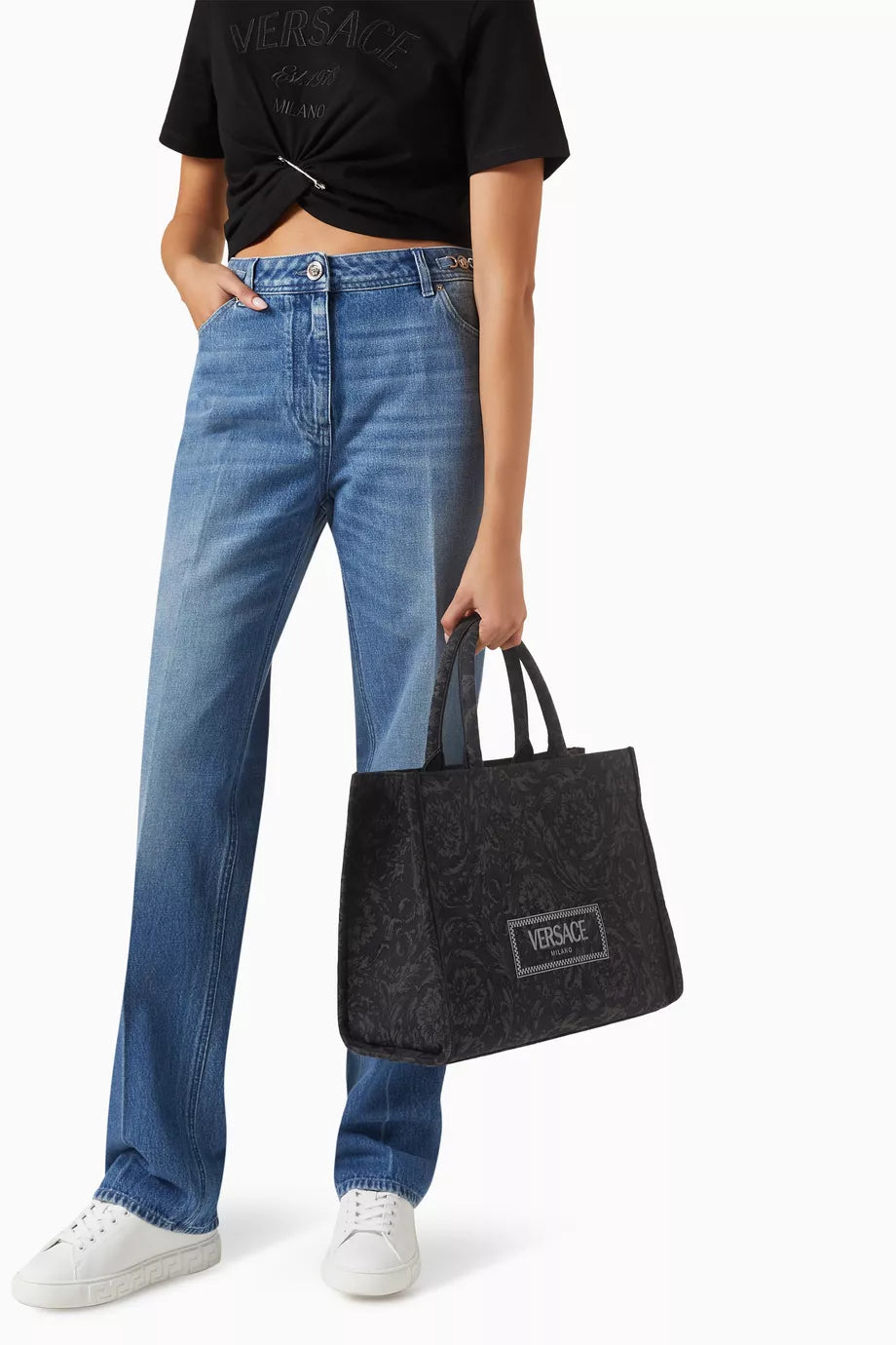 Versace Large Athena Tote Bag in Barocco Jacquard Canvas Black