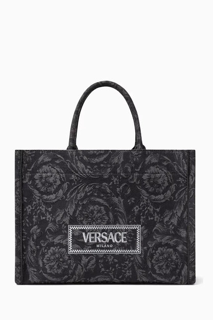 Versace Large Athena Tote Bag in Barocco Jacquard Canvas Black