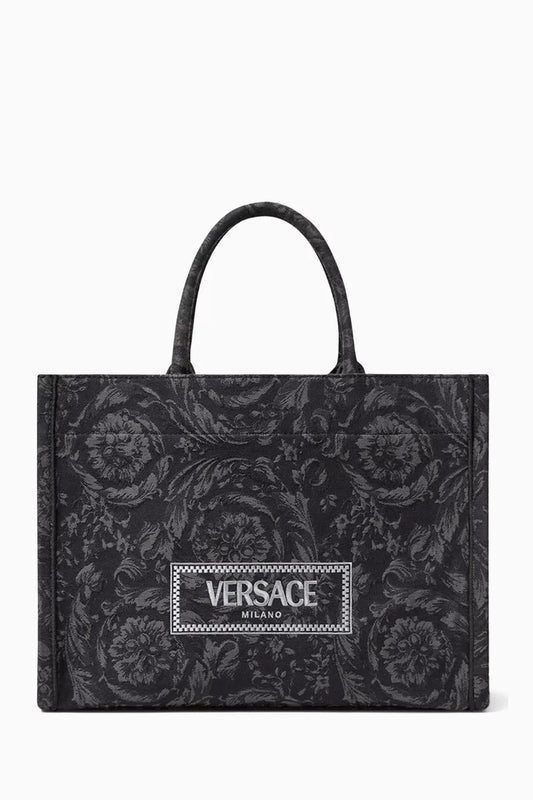 Versace Large Athena Tote Bag in Barocco Jacquard Canvas Black