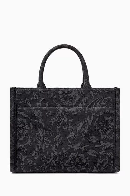 Versace Small Athena Tote Bag in Barocco Canvas Black