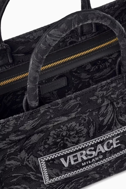Versace Small Athena Tote Bag in Barocco Canvas Black
