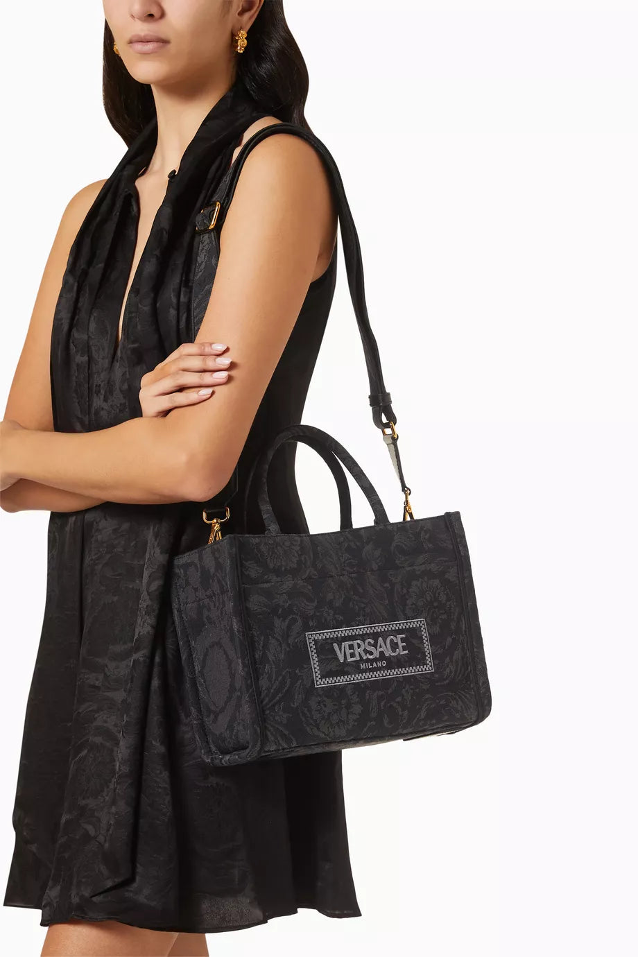 Versace Small Athena Tote Bag in Barocco Canvas Black