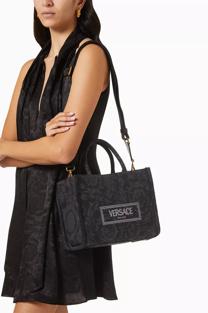 Versace Small Athena Tote Bag in Barocco Canvas Black