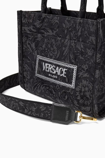 Versace Small Athena Tote Bag in Barocco Canvas Black