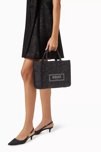 Versace Small Athena Tote Bag in Barocco Canvas Black