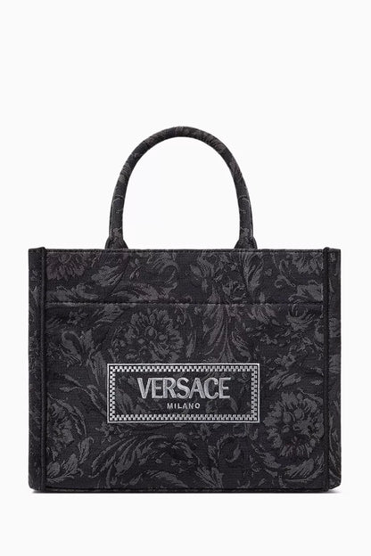 Versace Small Athena Tote Bag in Barocco Canvas Black