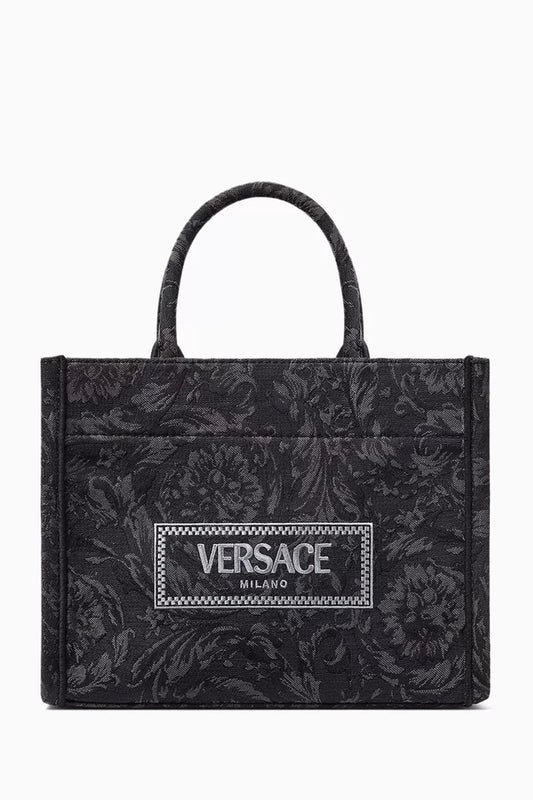 Versace Small Athena Tote Bag in Barocco Canvas Black