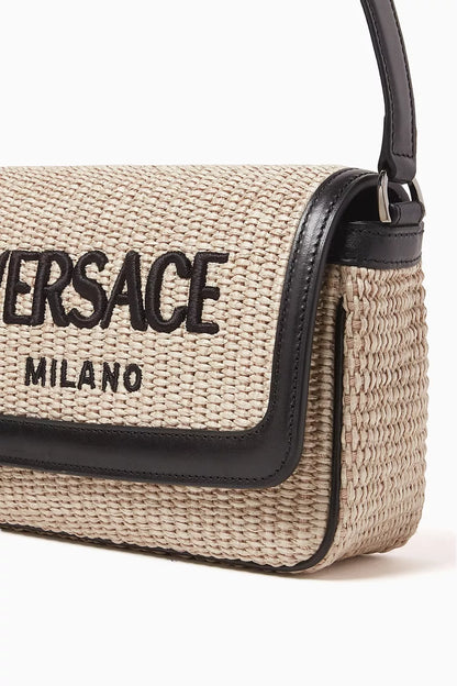 Versace Milano Crossbody Bag in Raffia & Calf Leather Beige