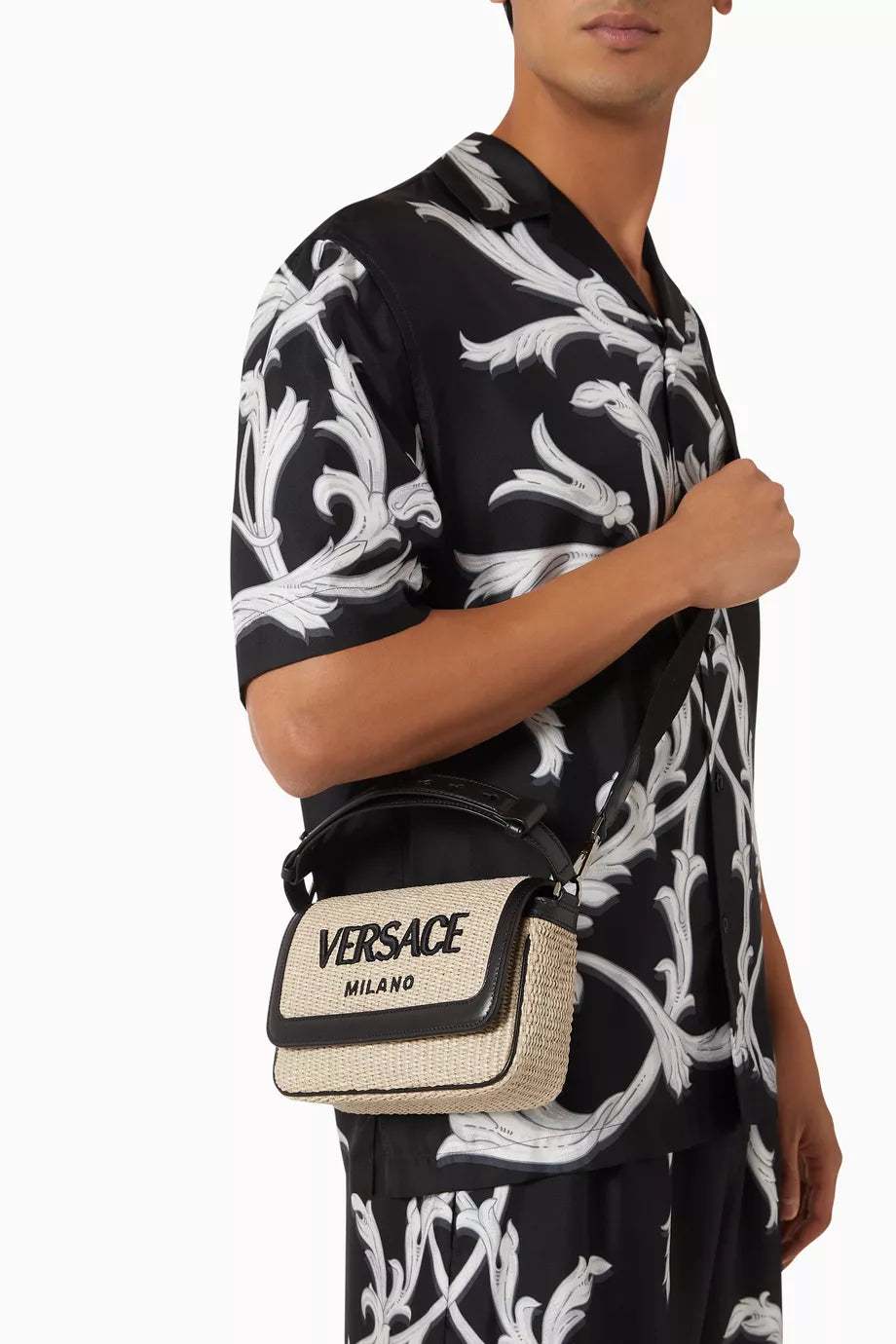 Versace Milano Crossbody Bag in Raffia & Calf Leather Beige