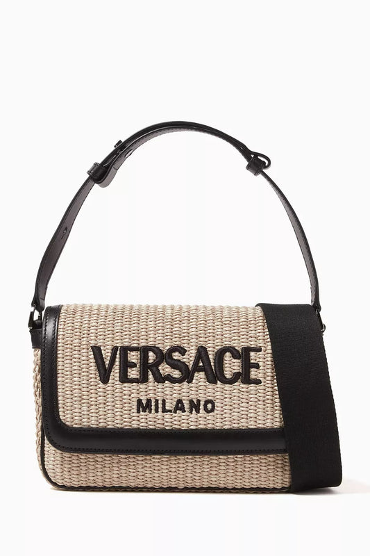 Versace Milano Crossbody Bag in Raffia & Calf Leather Beige