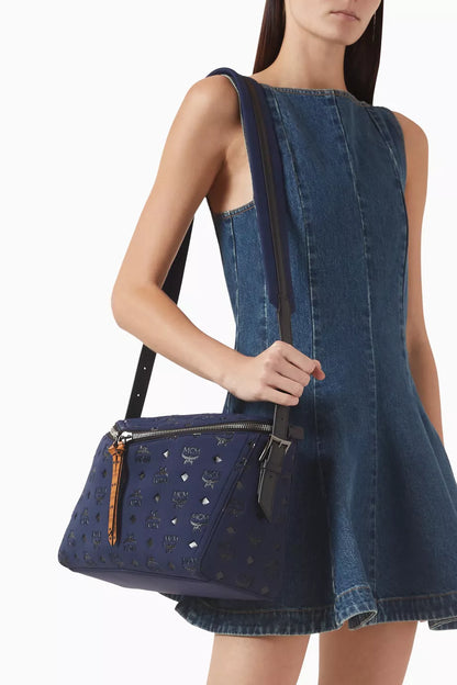 MCM Medium Diamond 3D Shoulder Bag in Canvas Navy