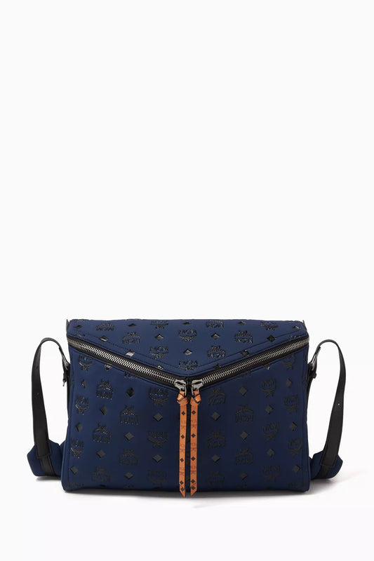 MCM Medium Diamond 3D Shoulder Bag in Canvas Navy